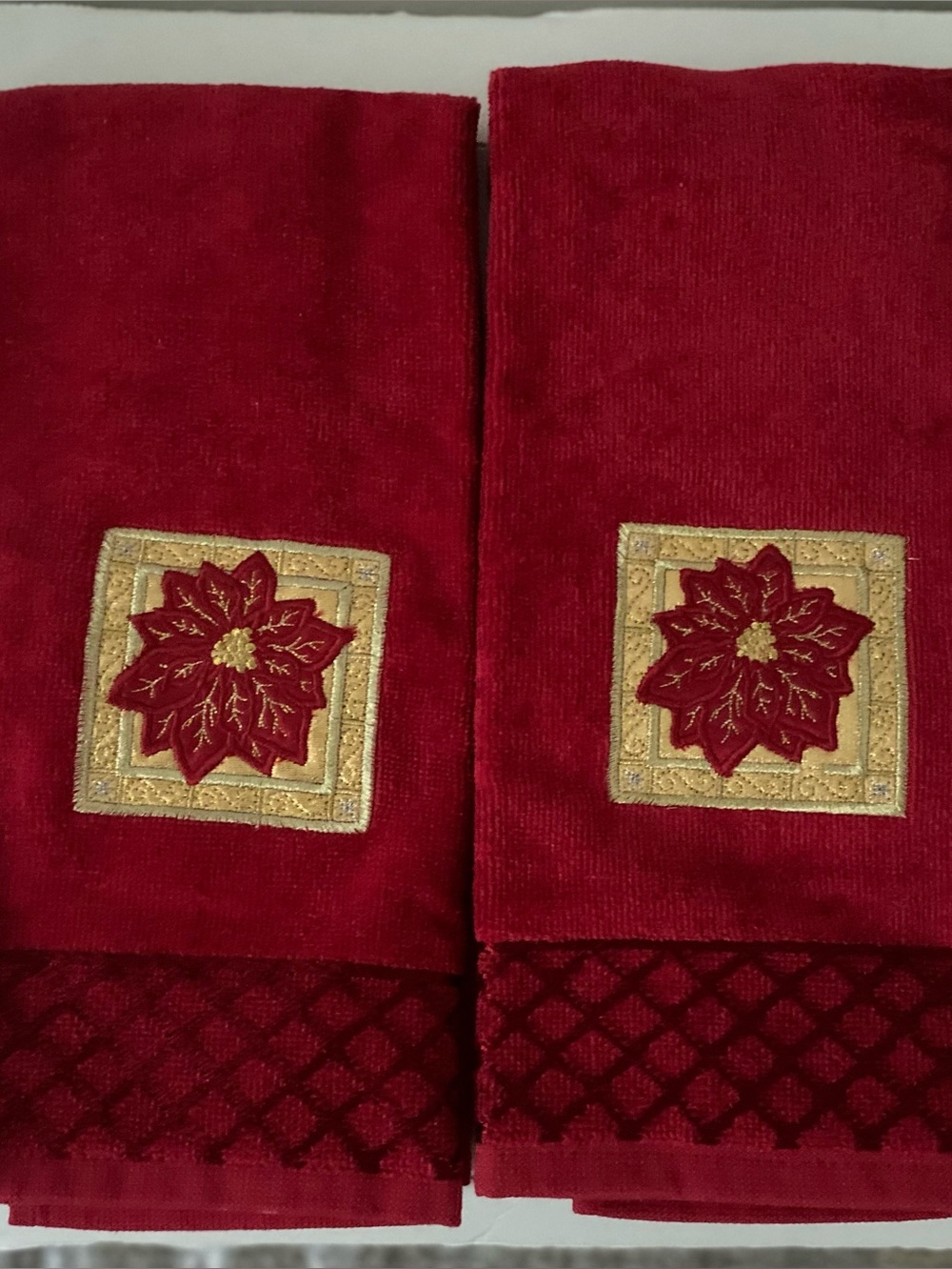 Red Embroidered Poinsettia Hand Towels - Holiday Home Accents. L 24” W 15”